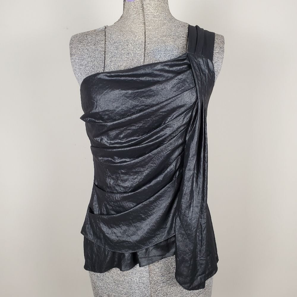 BCBGMaxazria Vintage Draped Wet Shimmer One Shoulder Top Size 2
